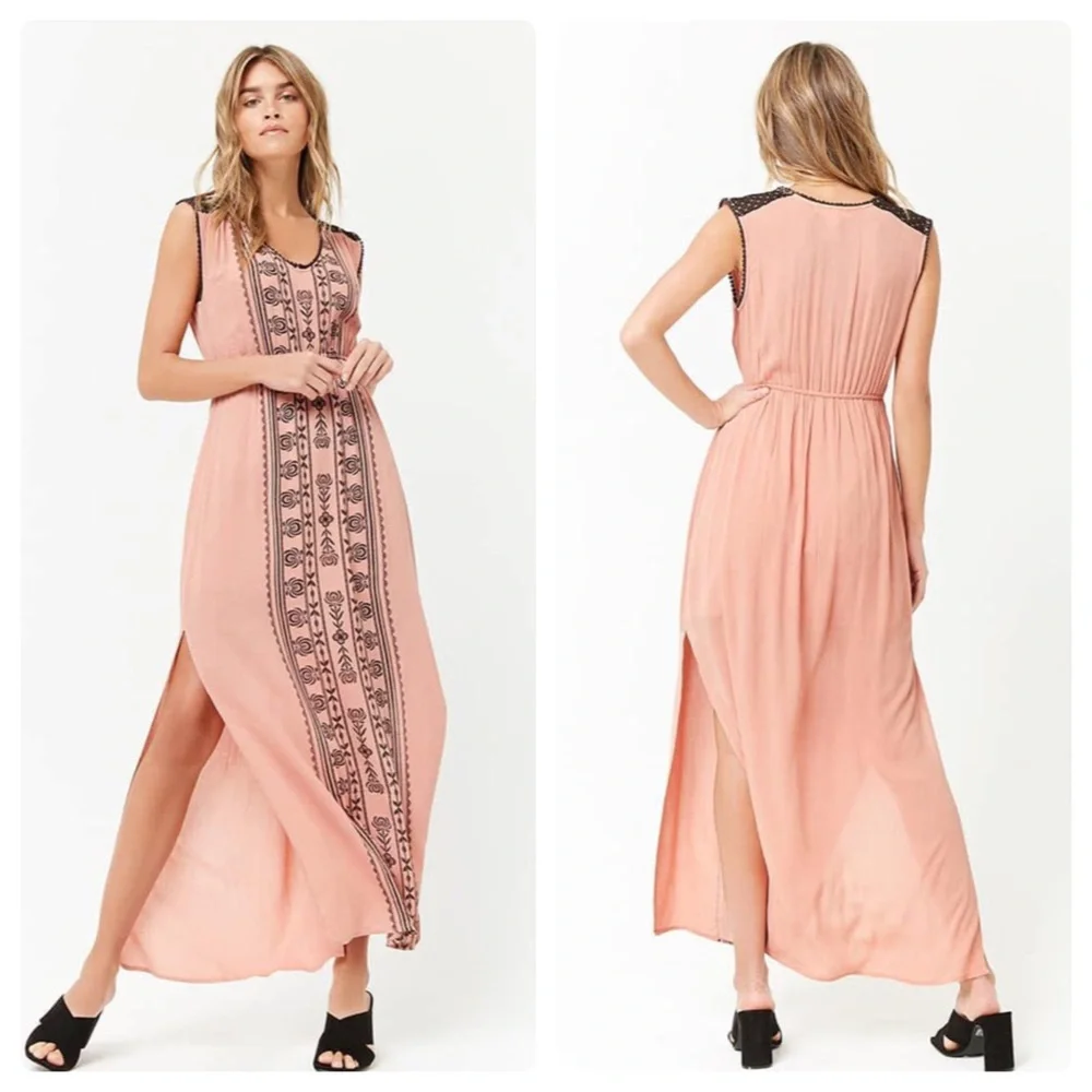 NWT Grayson Boho Pink Black Lace Shoulder Detail Maxi Dress Small - Picture 2 of 14